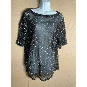 MAKEMECHIC Star Print Mesh Top Womens L Black New Metallic Sheer Short Sleeve